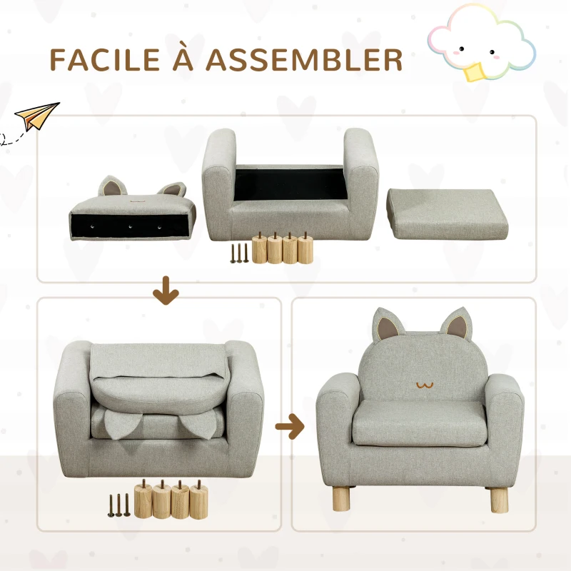 HOMCOM Fauteuil pour enfant canapé chaise enfant design scandinave grand confort avec oreille de chat piètement bois et tissu dim. 61l x 42P x 53H cm gris