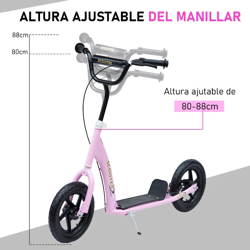 HOMCOM Patinete para Niños de 5-12 Años Scooter de 2 Ruedas Grandes de 12 Pulgadas con Freno y Manillar Ajustable en Altura Carga Máx. 50 kg 120x52x80-88 cm Rosa(m-5)