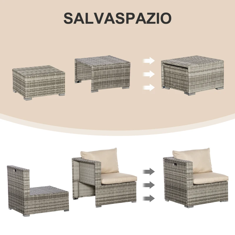 Outsunny Salotto da Giardino in Rattan PE da 8 Pezzi con Poltrone, Tavolini e Sgabelli, Beige