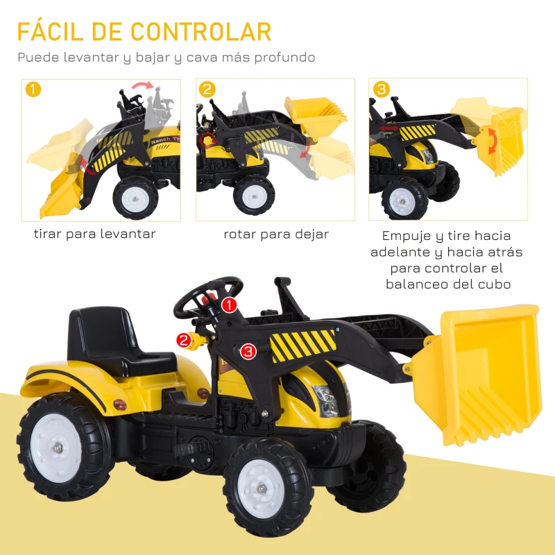 HOMCOM Tractor Pedal Excavadora Camión + Pala Delantera para Niños 3 Años Juguete de Montar Coche Pedales Carga 35kg 114x41x52cm Metal y Plástico