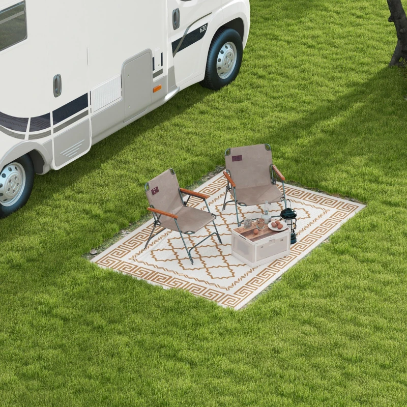 Outsunny Plastic Straw Reversible RV Outdoor Rug with Carry Bag, 182 x 274cm, Brown and Cream