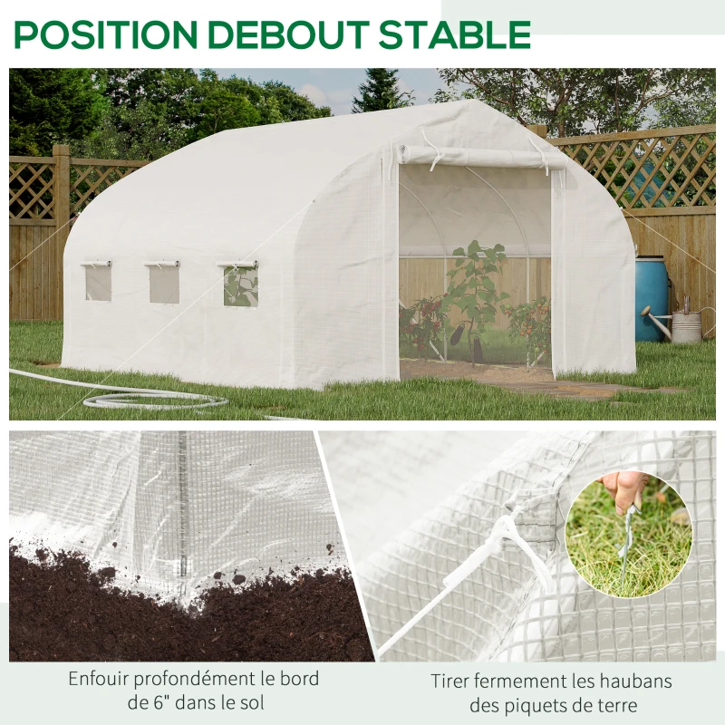 Outsunny Serre de jardin tunnel 10,4 m² serre de jardin anti-UV porte zippée enroulable fenêtres maille 350 x 300 x 200 cm blanc