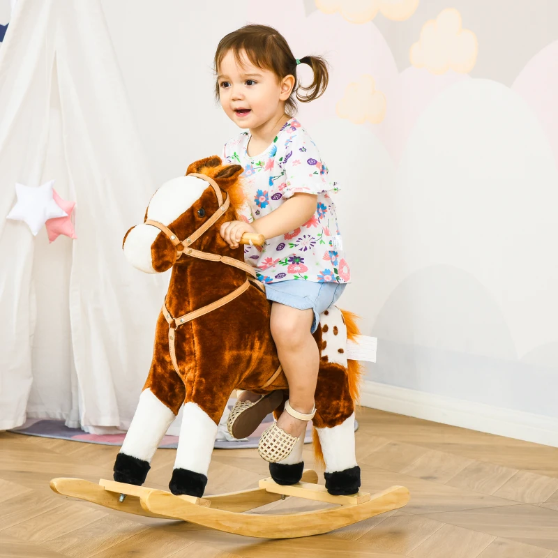 HOMCOM Cheval à Bascule en Bois et Peluche pour Enfant Cheval de Cowboy peluche Pour Enfants de 3-6 Ans Jouet balançoire avec Effet sonore Selle rênes Marron Blanc