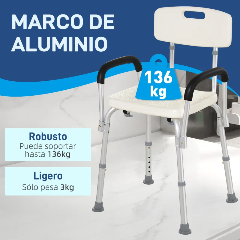 HOMCOM Silla de Ducha para Personas Mayores con Respaldo Altura Regulable Antideslizante y Apoyabrazos Carga 136 kg