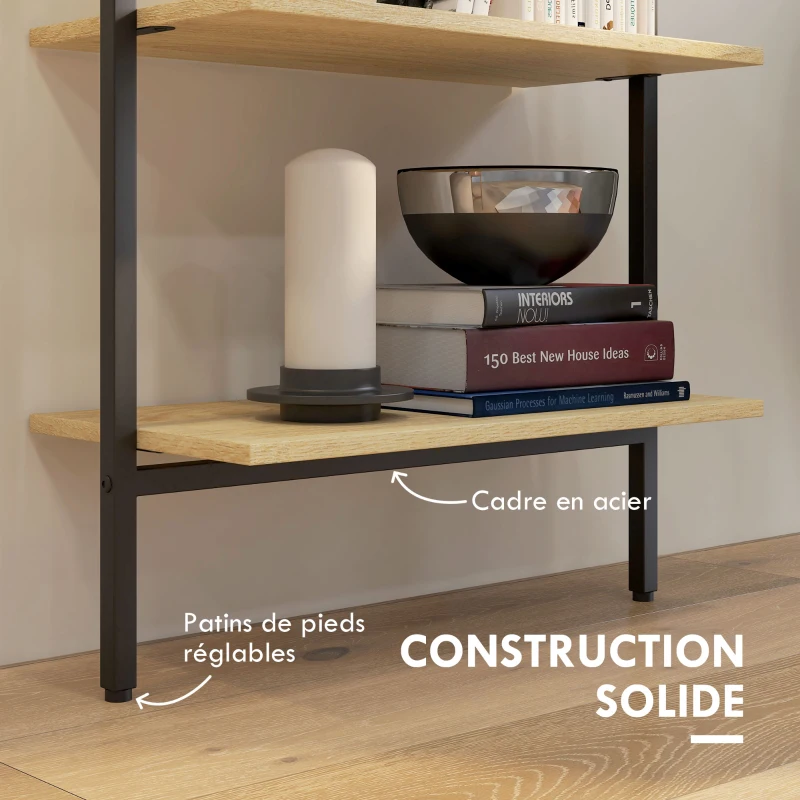 HOMCOM Étagère échelle mural bibliothèque style industriel 6 étagères acier noir aspect bois naturel dim. 60L x 30l x 206H cm