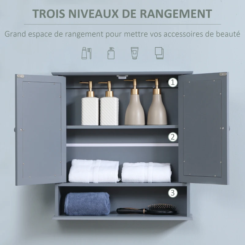 kleankin Armoire Murale étagère Salle de Bain 56L x 13l x 58H cm Double Porte Miroir étagère réglable MDF Gris