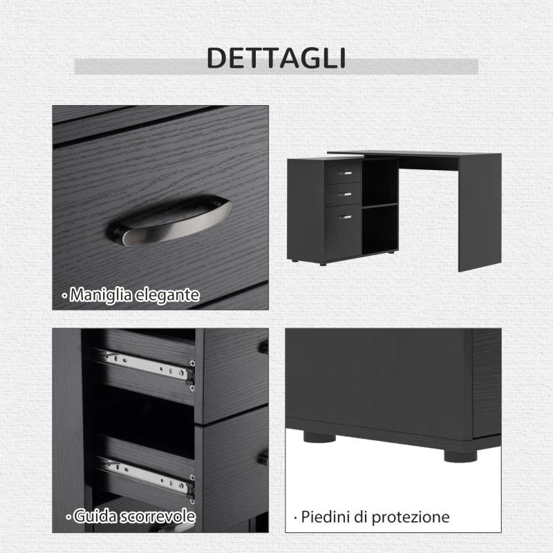 HOMCOM Scrivania Angolare per PC con 2 Cassetti e Ripiani Aperti, Scrivania ad Angolo Forma a L in Legno e Metallo, 117x83.5x76 cm, Nero