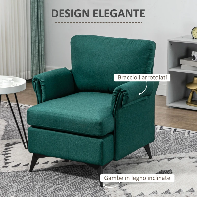 HOMCOM Poltrona d'arredo in Tessuto Effetto Lino Traspirante con Braccioli Arrotolati, 70x73x83 cm, Verde