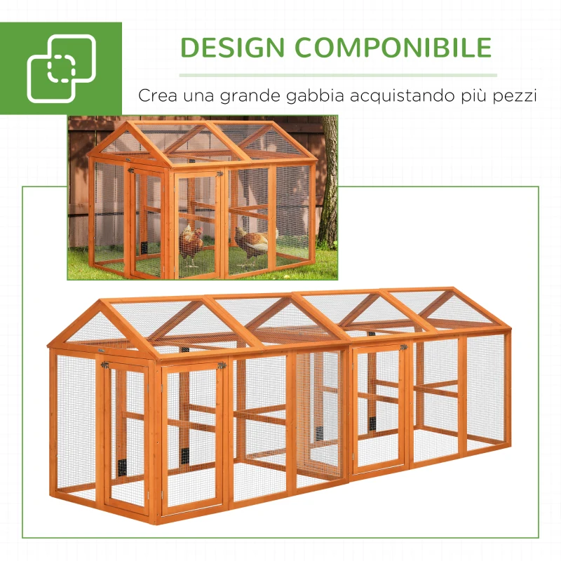 PawHut Gabbia per Galline in Legno con Porte Multiple e Rete in Metallo, 140x88.5x106cm, Arancione