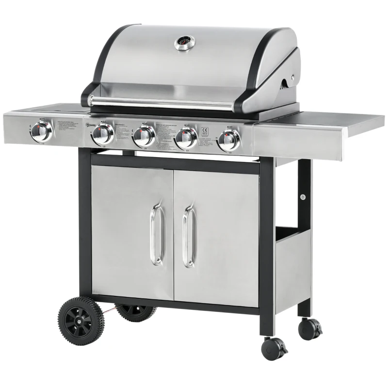 Outsunny Barbecue Gas con Coperchio e 5 Bruciatori da 15.2kW e 4 Ruote, 128x56x113cm