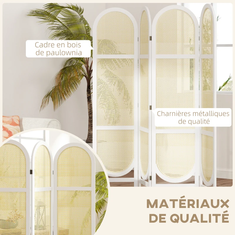 HOMCOM Paravent interieur en bois 4 panneaux 170 x 160 cm pliable et portable, motif tissé à la main, blanc