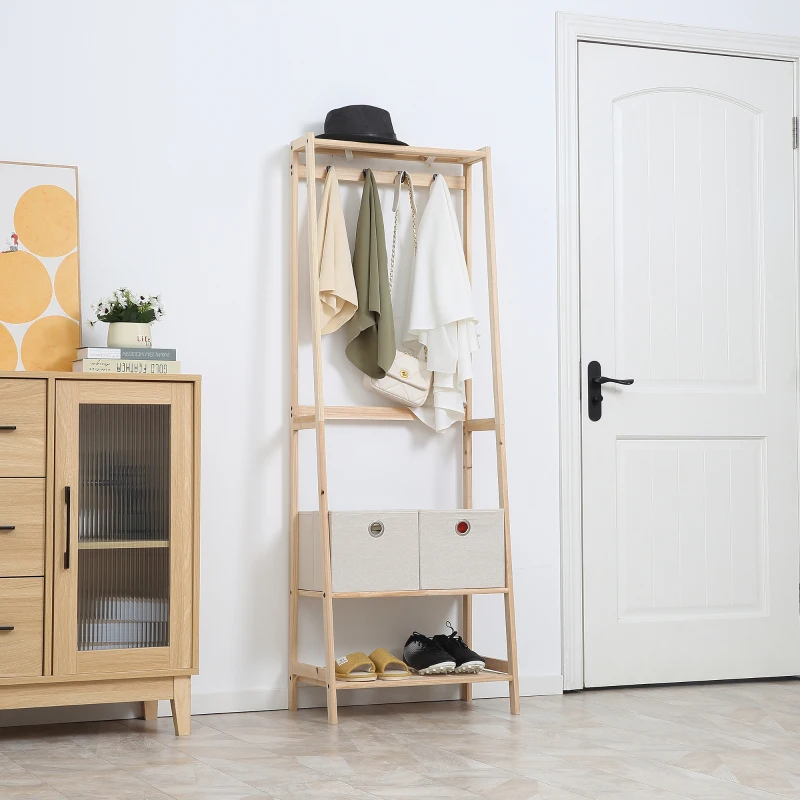 HOMCOM Appendiabiti in Legno Naturale con 4 Ganci, 3 Mensole e 2 Cassetti in Tessuto, 58x36x168cm