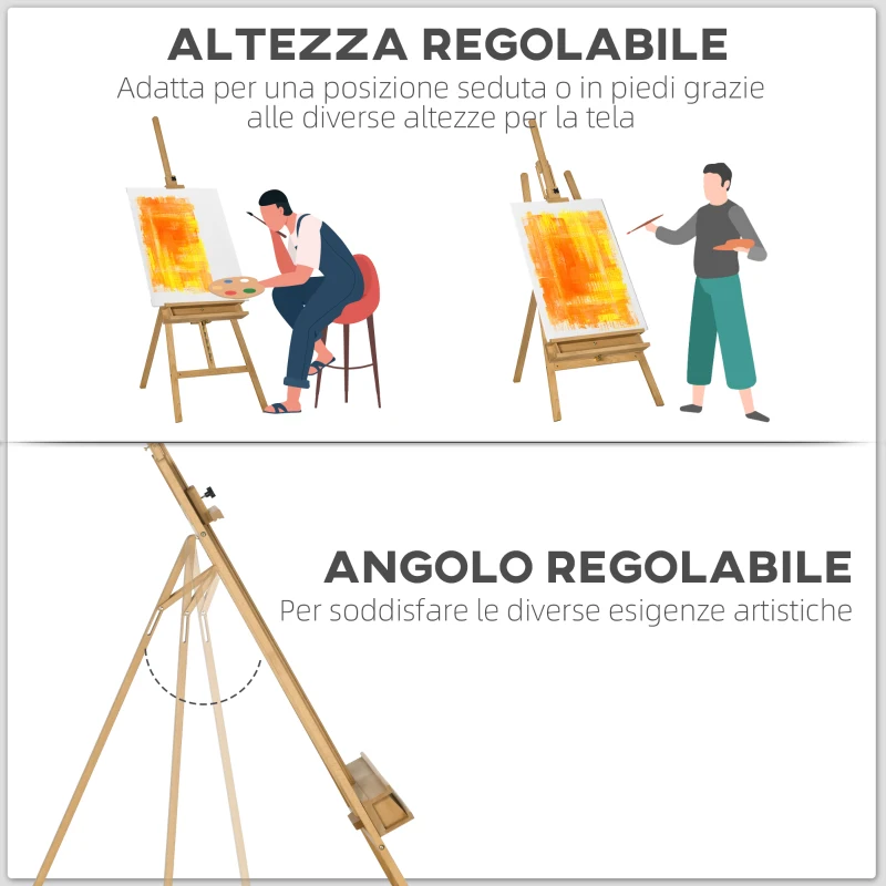Vinsetto Cavalletto per Pittura Pieghevole in Faggio con Altezza e Angolazione Regolabile, 65x110x180-235 cm