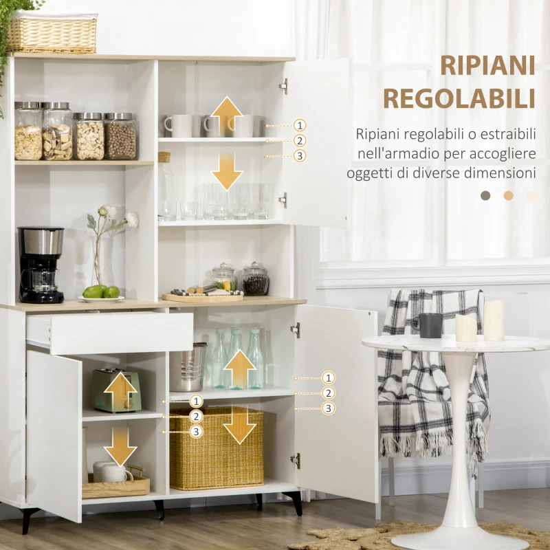 HOMCOM Dispensa Cucina in Truciolato e MDF con Ripiani Aperti, Armadietti e Cassetto, 119x41x180 cm, Bianco