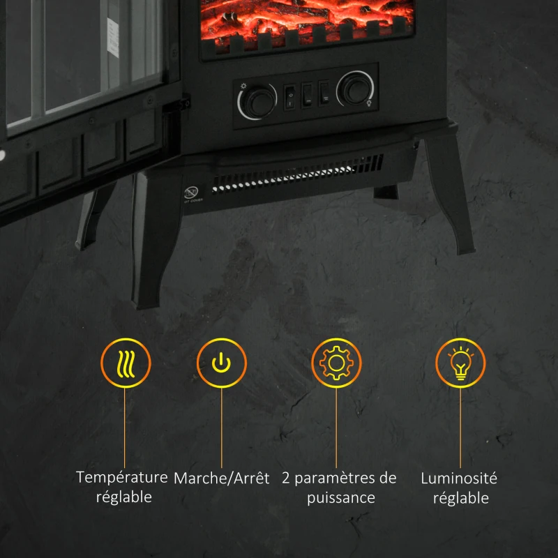 HOMCOM Cheminée électrique sur pied 1000/2000 W, fausse cheminée décorative avec effet flamme LED, protection contre la surchauffe, zone de couverture 15-30 m², noir