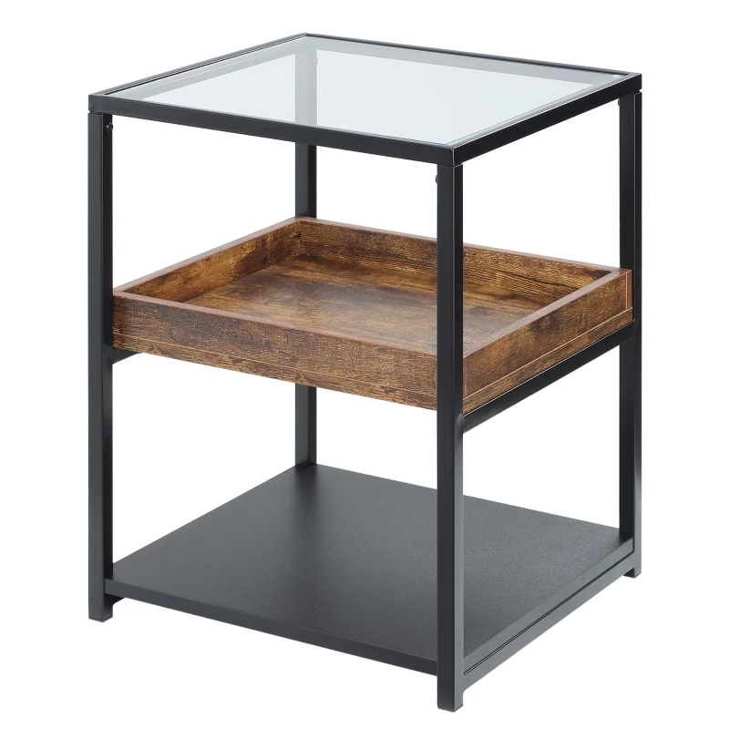 HOMCOM Industrial Side Table, 3-Tier End Table with Glass Top, Storage Shelves, Nightstand with Steel Frame for Bedroom, Living Room, Rustic Brown