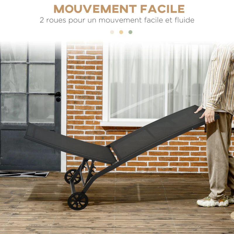 Outsunny Lot de 2 bains de soleil en aluminium et textilène avec roulettes dossier inclinable charge max. 150 Kg noir