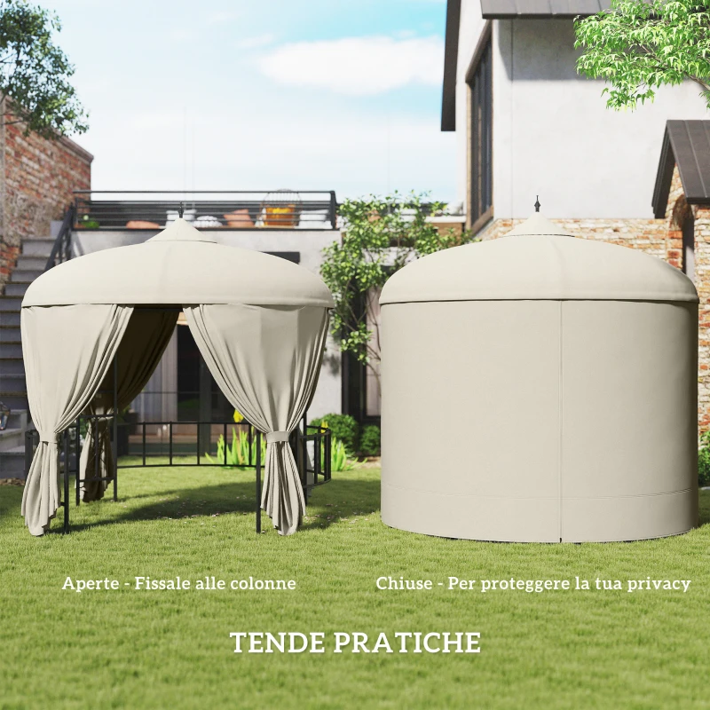 Outsunny Gazebo da Giardino Rotondo Ø3m con Tende e Prese d'Aria in Metallo e Poliestere, Beige