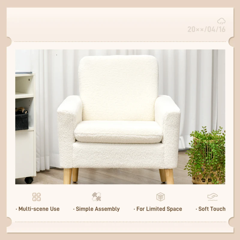 HOMCOM Armchair, Upholstered Accent Chair with Wood Legs and Wide Padded Seat, Teddy Occasional Chair, Cream White