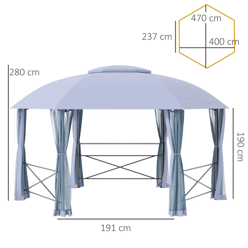 Outsunny 4 x 4.7(m) Patio Metal Gazebo Canopy, Hexagon Shape Garden Gazebo, Outdoor Sun Shade Shelter with 2 Tier Roof, Netting, Steel Frame, Grey