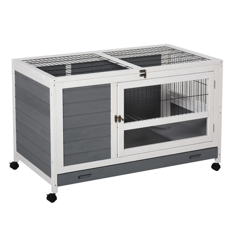 PawHut Indoor Rabbit Hutch Guinea Pig House Wooden Elevated Pet Bunny Cage with Wheels Openable Roof 102 x 60 x 63.5cm Grey