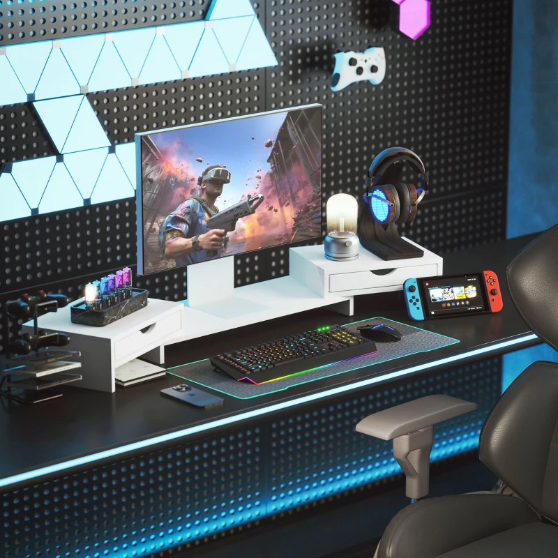 HOMCOM Rehausseur écran PC bureau support d'écran d'ordinateur de 60-116 cm avec 2 tiroirs, longueur et angle réglables