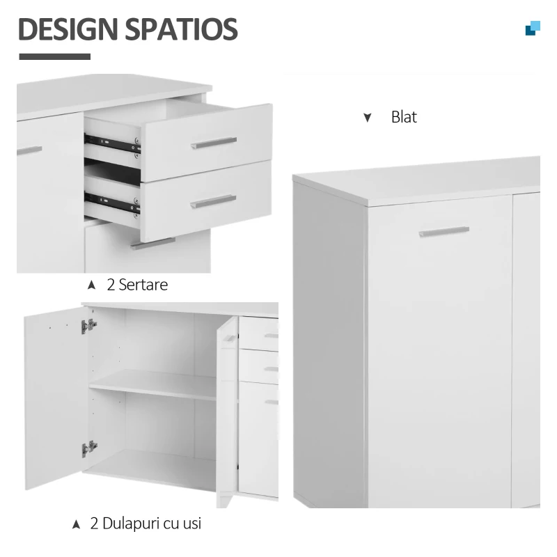 HOMCOM Buffet meuble de rangement 2 tiroirs coulissants 2 placards étagère réglable panneaux particules blanc