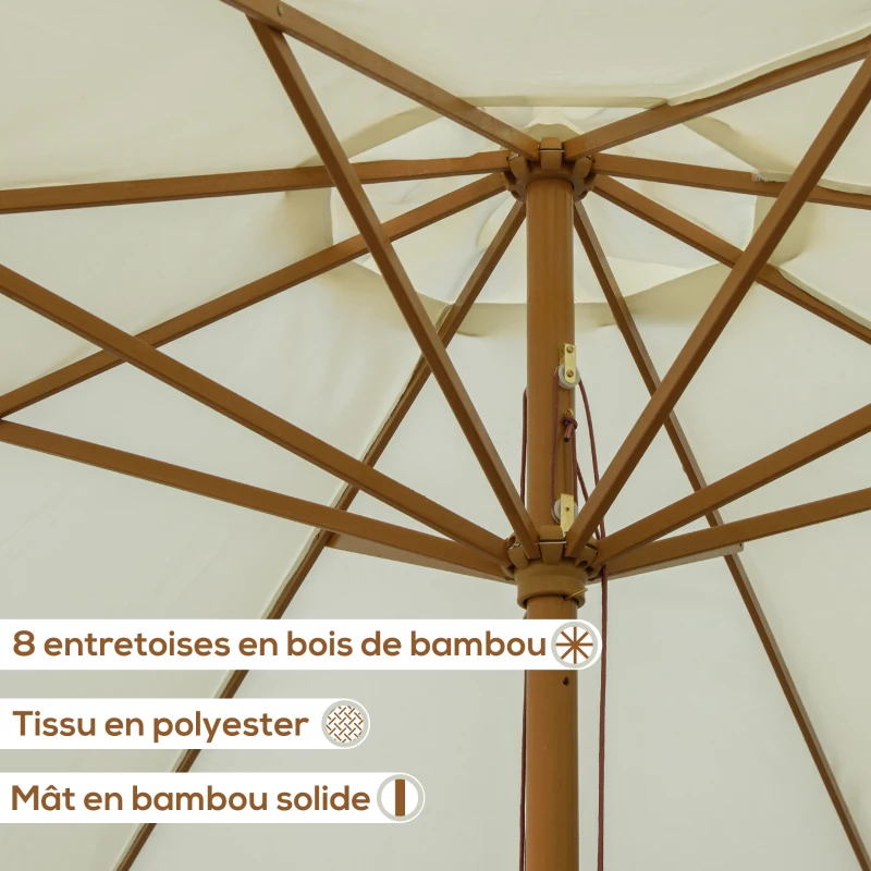 Outsunny Parasol droit parasol de jardin rond grande taille de jardin Ø 3 m bois de bambou beige
