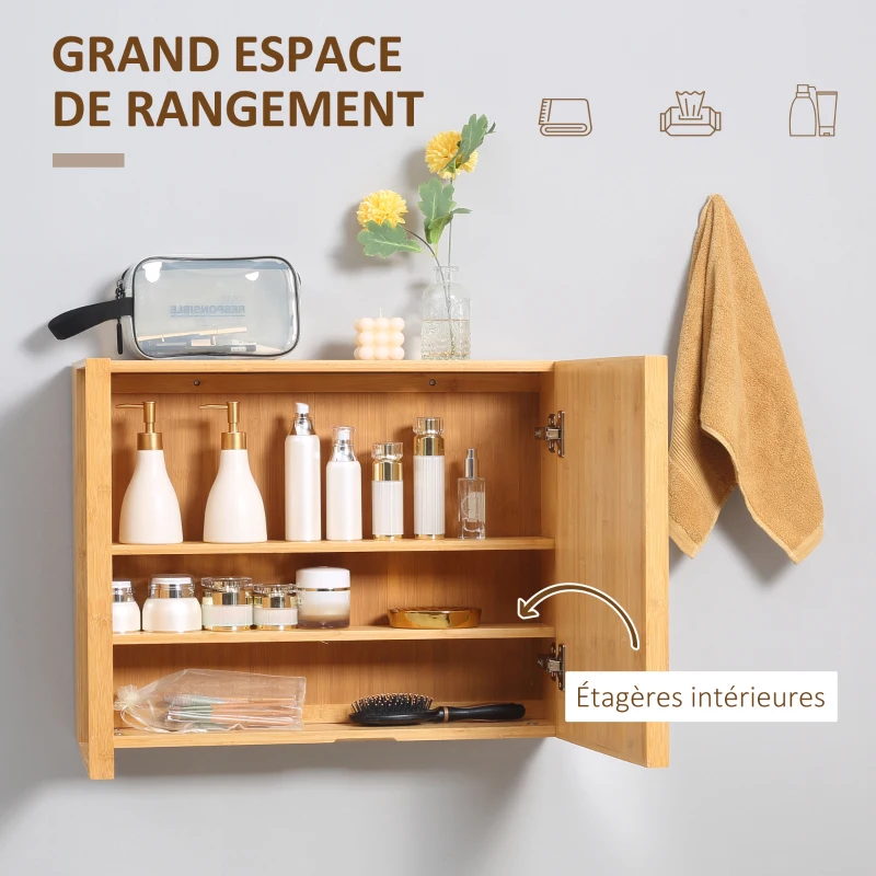 kleankin Armoire murale de salle de bain avec miroirs et 2 portes en bambou 65,2 x 14 x 50 cm