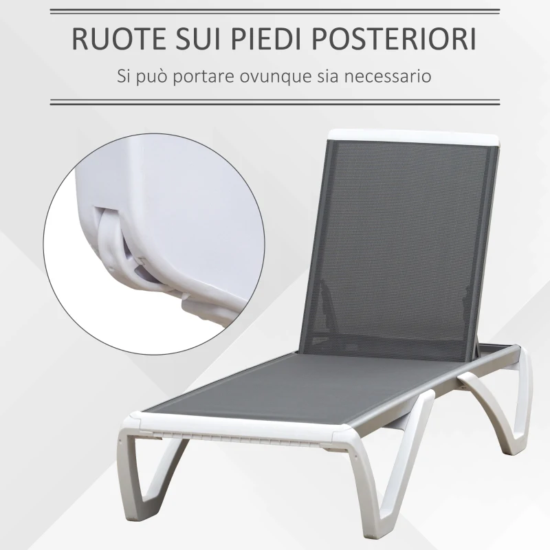 Outsunny Lettino Prendisole con Schienale Reclinabile e Rotelle Posteriori, 195x67.5x33 cm, Grigio e Bianco
