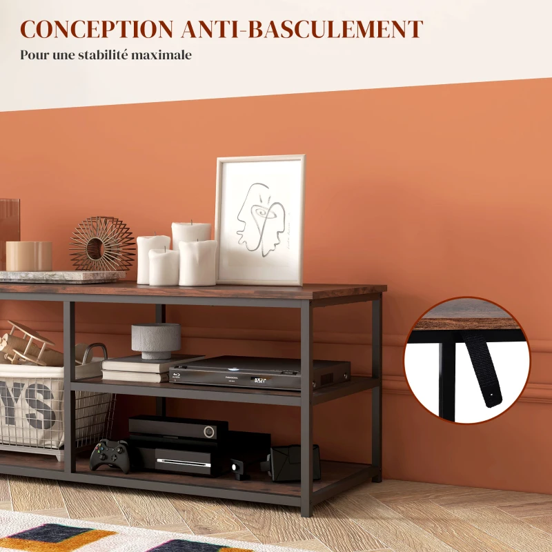 HOMCOM Meuble TV Banc TV Design Industriel Grand Plateau jusqu'à 55 Pouces avec 2 Étagères, pour salon chambre dim. 120L x 40l x 45H Coloris boisé métal Noir