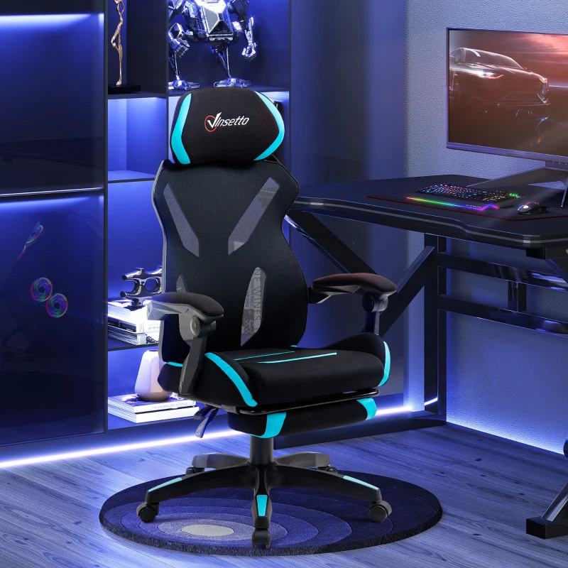 Vinsetto Sedia da Gaming con Supporto Lombare, Sedia Ufficio Ergonomica con Altezza Regolabile in Tessuto Nero e Blu, 65x65x119-129cm