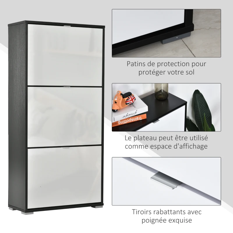 HOMCOM Meuble à Chaussures 3 Portes abattantes 3 Compartiments MDF Noir Blanc laqué