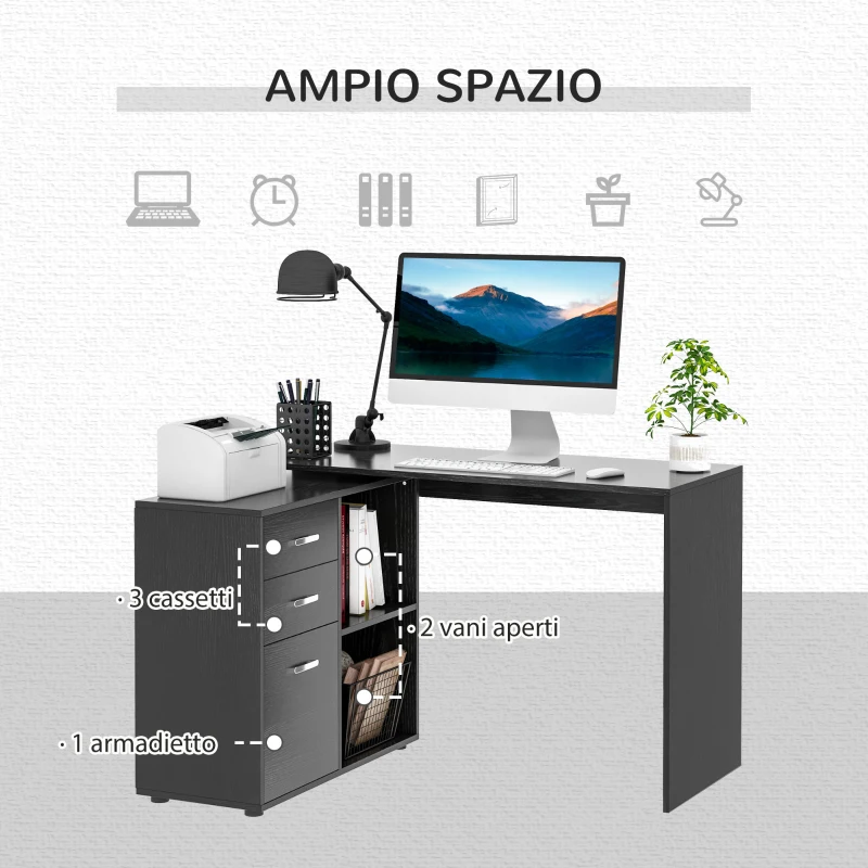 HOMCOM Scrivania Angolare per PC con 2 Cassetti e Ripiani Aperti, Scrivania ad Angolo Forma a L in Legno e Metallo, 117x83.5x76 cm, Nero