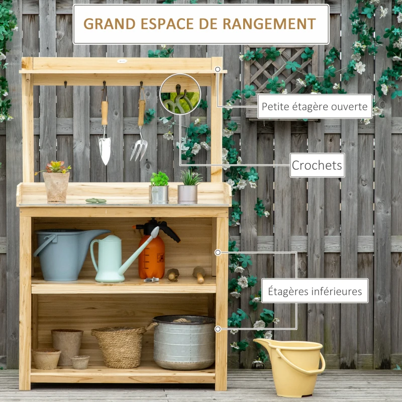 Outsunny Table de rempotage - table de jardinage avec 2 étagères plan de travail métal galvanisé avec rebord - table de plantation bois sapin pré-huilé - 4 crochets