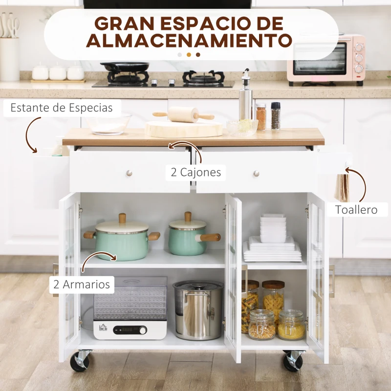 HOMCOM Carro de Cocina con Ruedas Isla de Cocina con 2 Cajones 3 Puertas de Vidrio Templado Toallero 124,5x39,5x90 cm Blanco