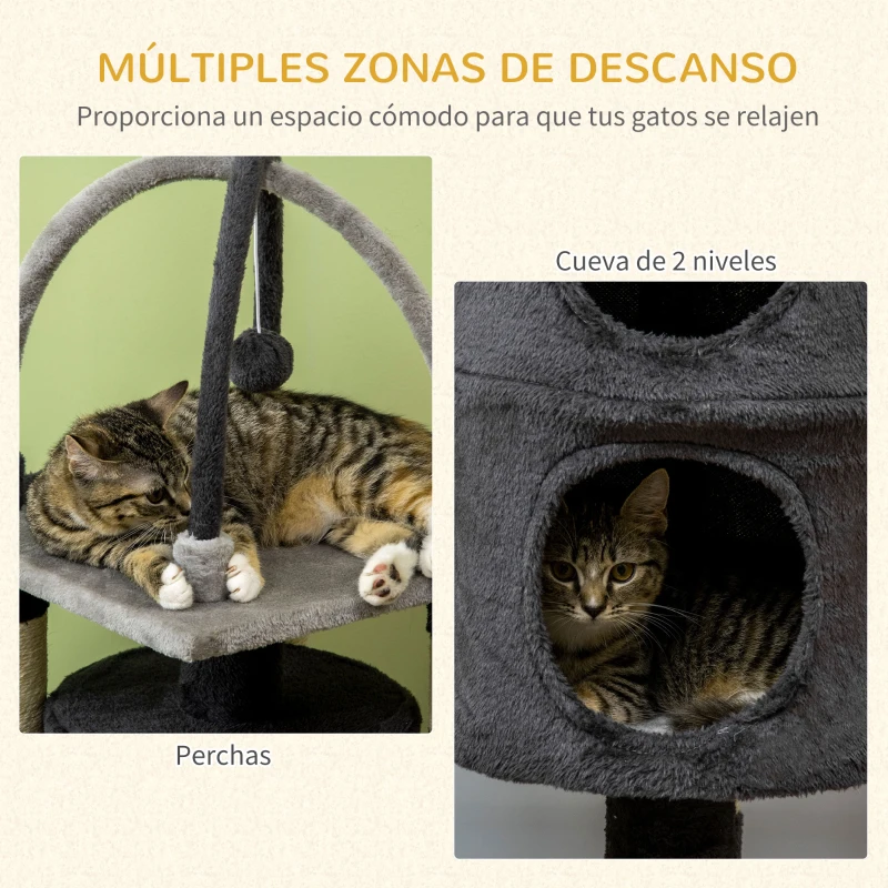 PawHut Árbol para Gatos de 2 Niveles con Plataforma Postes de Yute y Bola Colgante 39x39x114 cm Gris