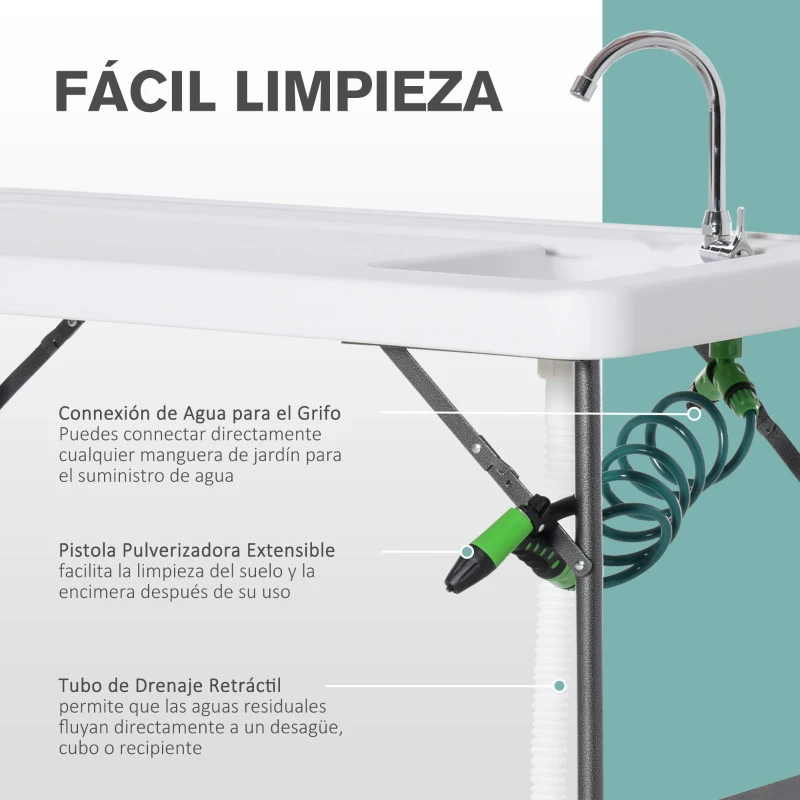 Outsunny Mesa Plegable de Picnic Multifuncional con Fregadero Grifo y Pistola de Riego Extensible para Balcón Jardín Camping Barbacoa Exterior Metal 114,5x59x94,5 cm Blanco