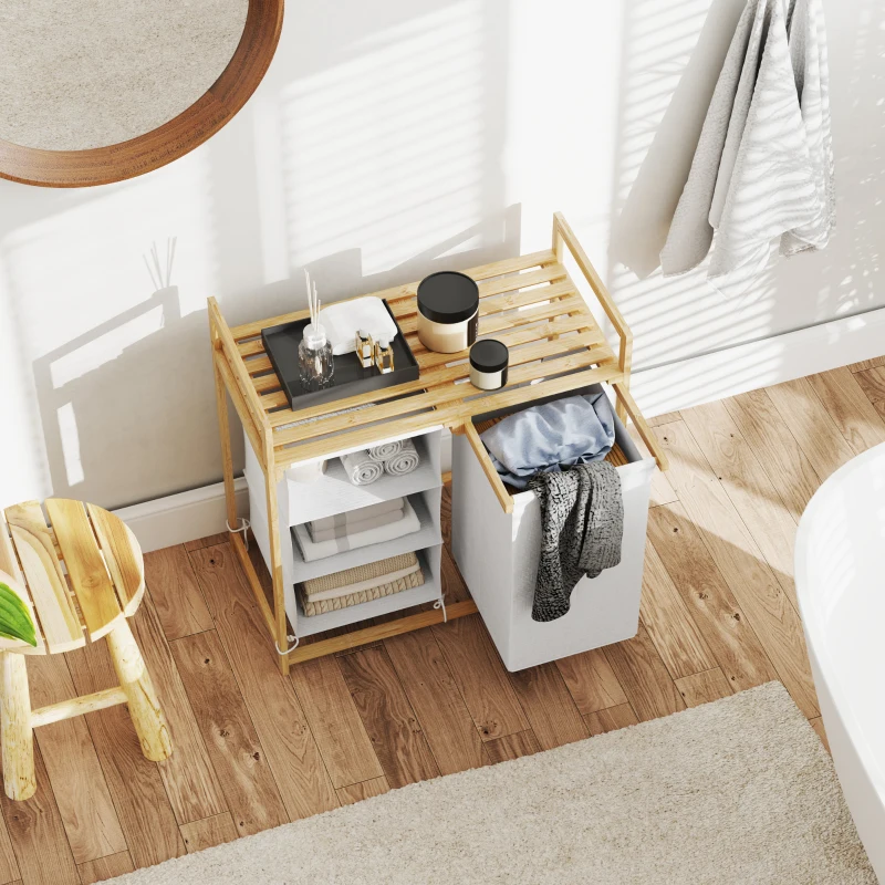 HOMCOM Cesto Portabiancheria con 2 Borse Estraibili, Maniglie e Ripiano in Bambù, 70x36x70 cm, Bianco