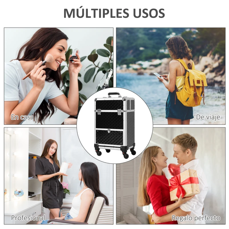 HOMCOM Maletín de Maquillaje Profesional con Cajón Maleta de Maquillaje con Ruedas para Viaje Trabajo 34x25x62 cm Negro