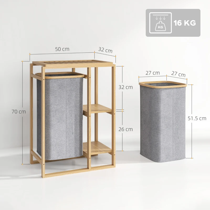 HOMCOM Cesto Portabiancheria con Borsa Estraibile e Ripiani a Doghe in Bambù, 50x32x70 cm, Grigio