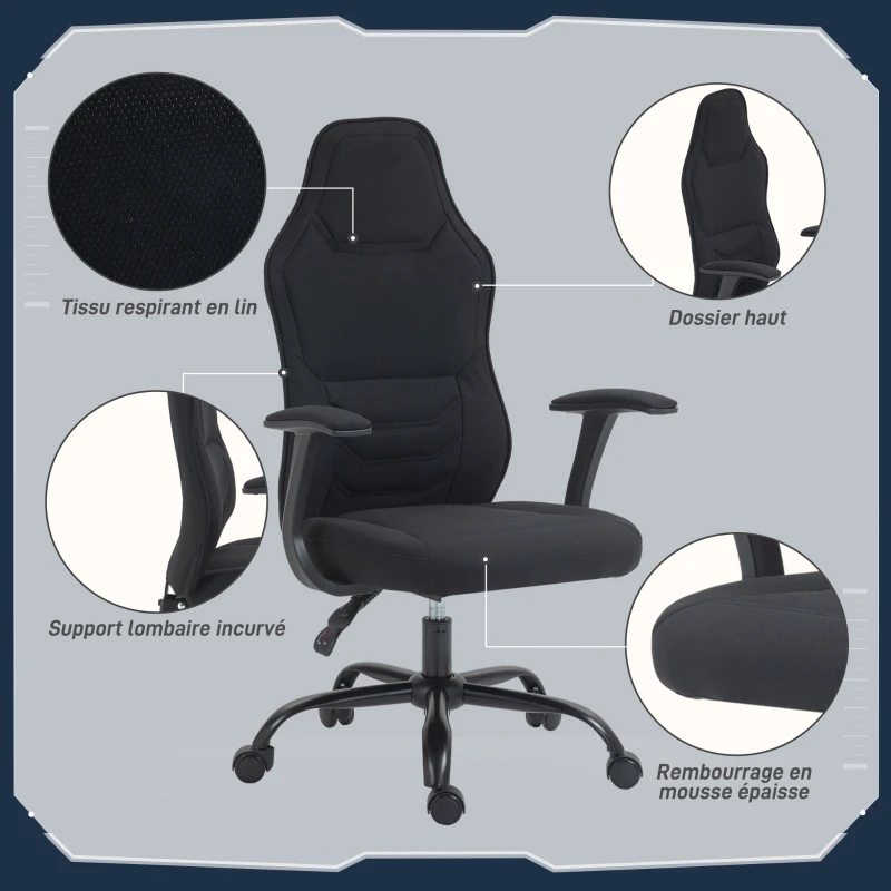 HOMCOM Fauteuil gamer à roulettes - fauteuil de bureau - hauteur assise réglable, accoudoirs - dossier inclinable - noir