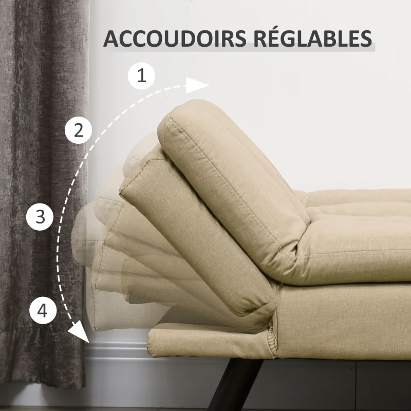 HOMCOM Canapé convertible canapé-lit 3 places, clic-clac rembourré avec accoudoirs et dossier réglables en tissu beige
