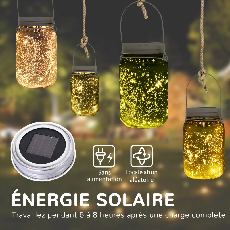 Outsunny Lumière de jardin solaire - pots mason jar 4 pièces - lanterne de verre solaire LED étanche norme IP 44 - lampes décoratives de jardin 4 couleurs