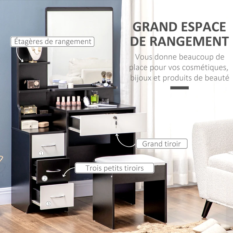 HOMCOM Ensemble de coiffeuse table de maquillage avec tabouret rembourré grand miroir + plusieurs étagères ouvertes + 4 tiroirs blanc noir