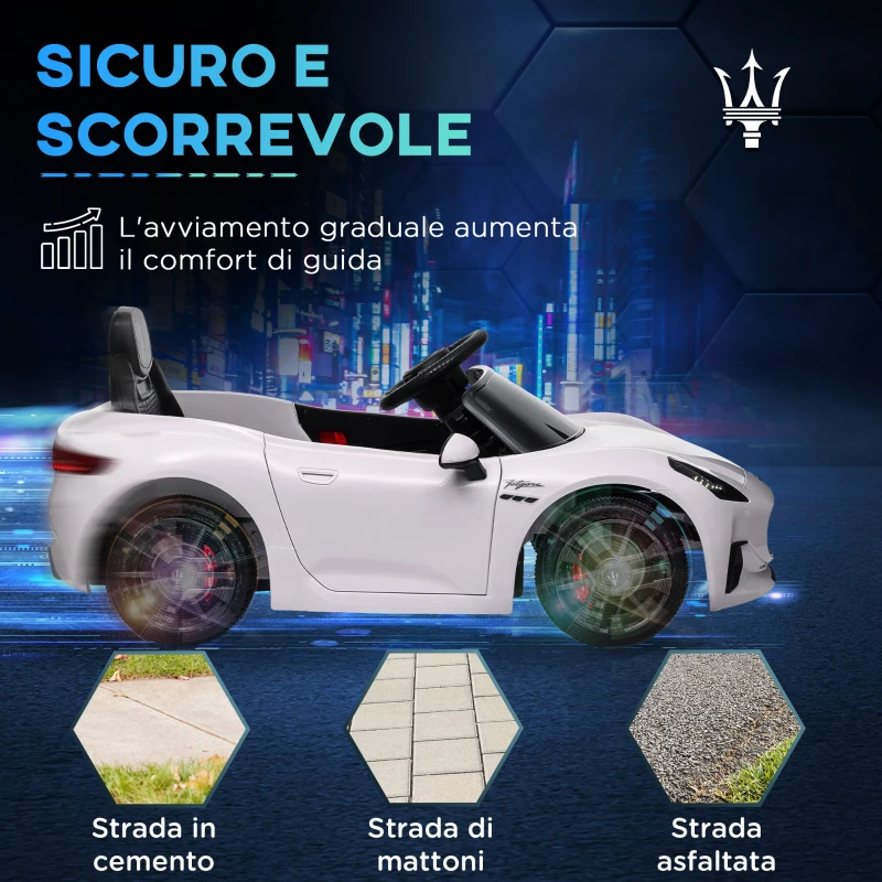 AIYAPLAY Macchina per Bambini 12V Maserati Gran Turismo Folgore con Telecomando, Età 3-5 Anni, Bianco