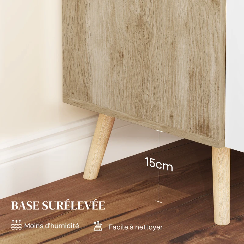 HOMCOM Buffet meuble de rangement avec poignées en bambou étagère ajustable base surélevée 76 x 41,2 x 74 cm blanc bois naturel
