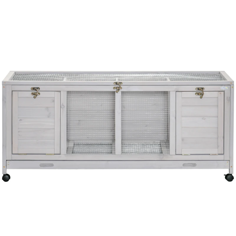 PawHut Rabbit Hutch Guinea Pig Cage, 2 in 1 Small Animal House for Indoor with Wheels 138 x 53 x 61cm, Light Grey