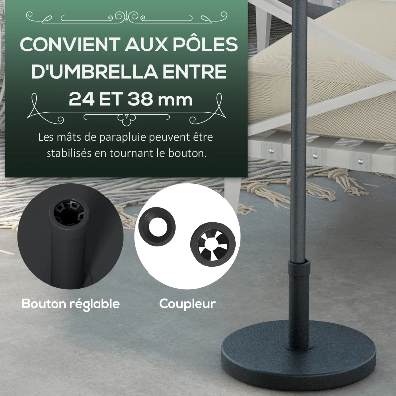 Outsunny Pied de parasol rond base de lestage 15 kg en plastique HDPE poignée intégrée pour mât Ø 24-38 mm dim. Ø 46,5 x 31H cm