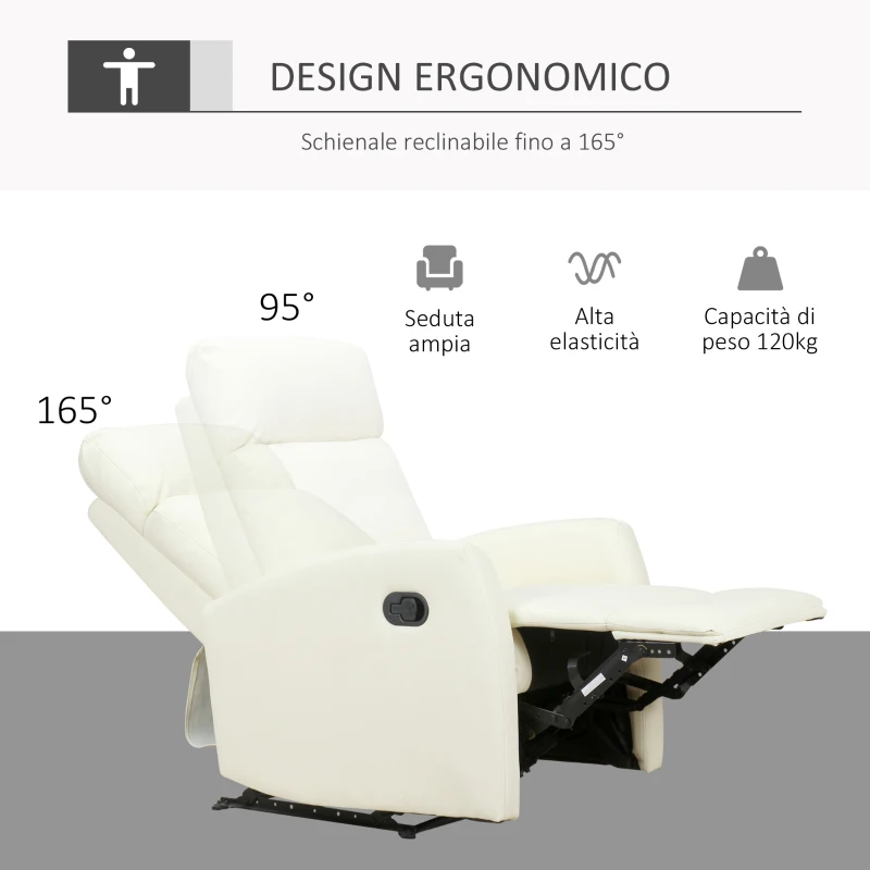 HOMCOM Poltrona Relax Reclinabile 165° con Poggiapiedi Regolabile Ergonomica in pelle PU, 65 × 92 × 100cm Crema